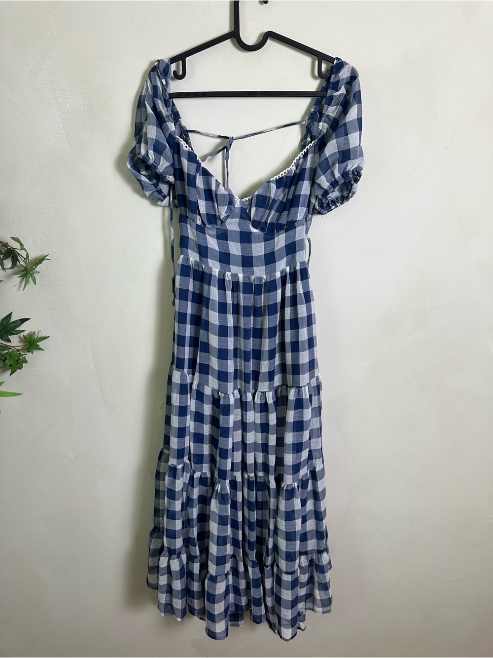 Mable Blue Gingham Puff-Sleeve Tiered Midi Dress Size Large